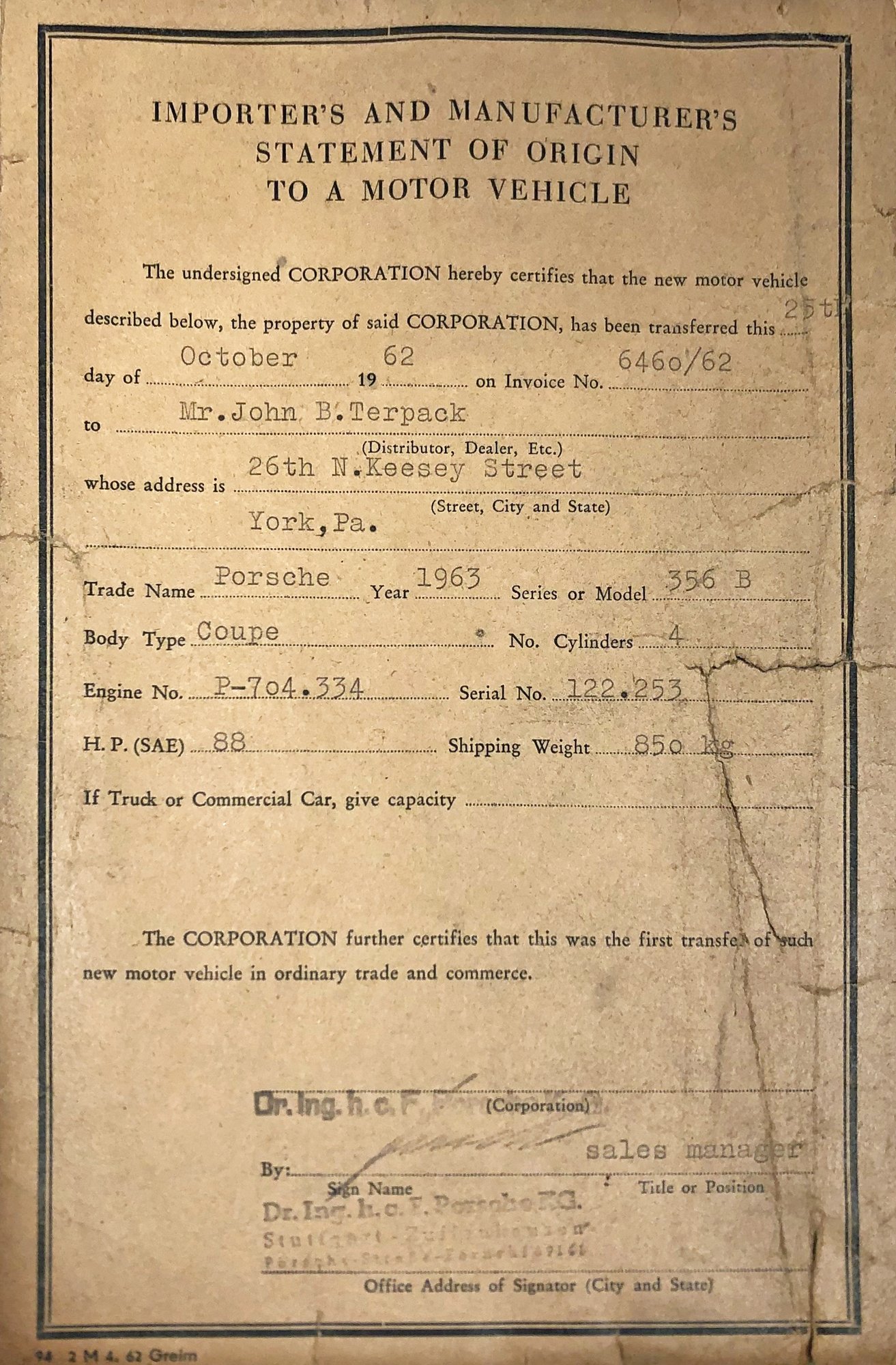 Dating back to 1962, this document relates to the car's export to the United States.